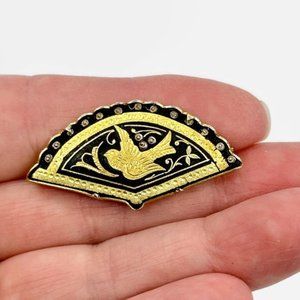 Bird Brooch, Damascence, Gold, Black, Trumpet Clasp, Vintage, Pin, Figural